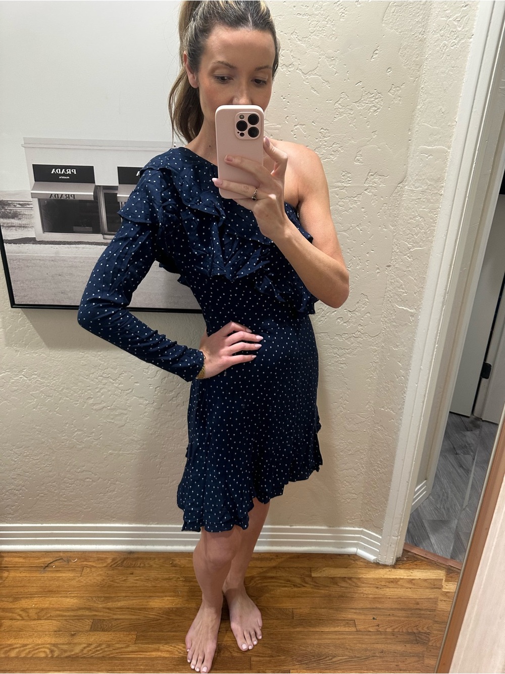 Wayf Navy Polka Dot One-Shoulder Ruffle Dress